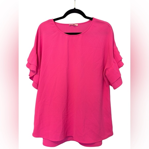 Pleione Hot Pink Ruffle Short Sleeve Blouse Crew Neck Flowy Size XS - Picture 1 of 4